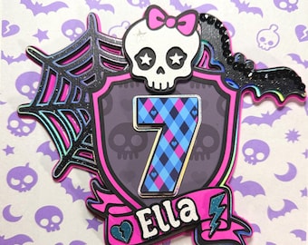 Custom Skull Cake Topper–Gothic Pink  Black Party Decor–Skull and Bow Inspired Topper-Custom Name & Age–Ghoul Theme Topper