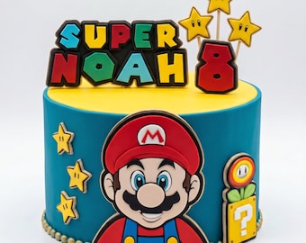 Custom Super Video Game Name & Age Cake Topper Set  or Name and Age Only – Retro Birthday Party Decoration..