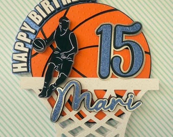 Personalized Basketball Birthday Cake Topper - Boy’s Basketball Party Decoration - Custom Name & Age - Orange Hoop Theme