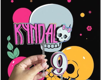 Custom Skull Cake Topper – Glitter & Holographic – Name and Age – Cute Pink Birthday Decor