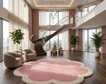 Tappeto in lana trapuntato a mano con petali, decorazione floreale rosa cipria per la cameretta, tappeto su misura.