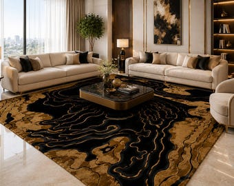 Tappeto astratto nero e marrone, moderno tappeto con motivo organico per soggiorno, elemento d'arredo contemporaneo di grande impatto.