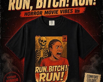 Maglietta parodia di film horror - Maglietta retrò con fumetto "Run B*tch Run" - Maglietta divertente a tema horror - Maglietta grafica comica vintage anni 2000