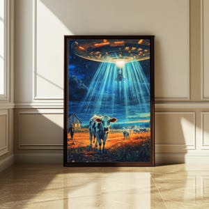 Alien Cow Abduction Farm Scene – Surreal Sci-Fi UFO Digital Art Print, Glowing Night Landscape