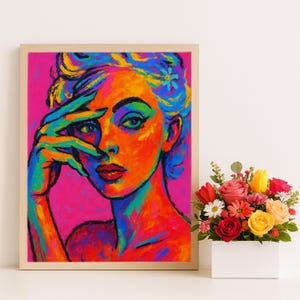 Bold Neon Pop Art Portrait of Woman with Hand Over Face | Digital Painting Download | Vibrant Colorful Expressionist Wall Art Print