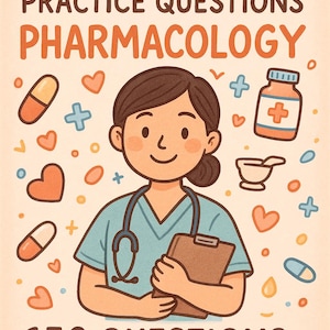 May include: Illustration for NCLEX-RN Pharmacology practice questions. A cartoon nurse with a stethoscope holds a clipboard, surrounded by medical icons. The text reads "650 Questions & Answers". The color palette includes shades of blue, orange, and brown.