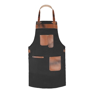 Black Canvas & Brown Leather Apron: Handmade BBQ, Woodwork, Chef Gift