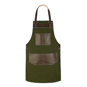 Olive Green Canvas & Brown Leather Apron: BBQ, Grill, Woodwork