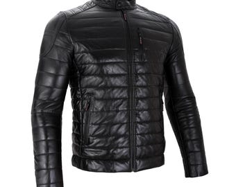 Monza Quilted Racer Full Grain Black Sheepskin Mens Leather Quilted Jacket