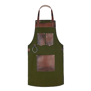 Olive Green Canvas & Brown Leather Apron: BBQ, Grill, Woodwork