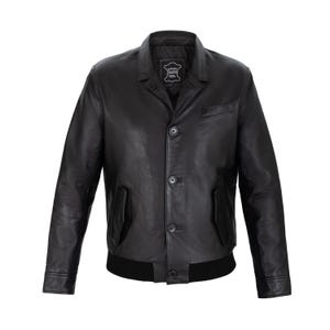 May include: A black leather jacket featuring a classic collar, a front button closure with four visible buttons, two side pockets, and a ribbed black hem. The interior label reads Genuine Leather 100%. The sleeves have simple cuffs and a smooth finish.