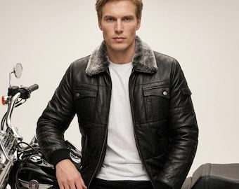 Aspen Quilted Aviator Full Grain Black Sheepskin Mens Leather jacket