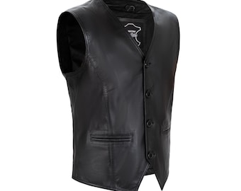 Lexington Button Front Full Grain Black Sheepskin Mens Leather Waistcoat