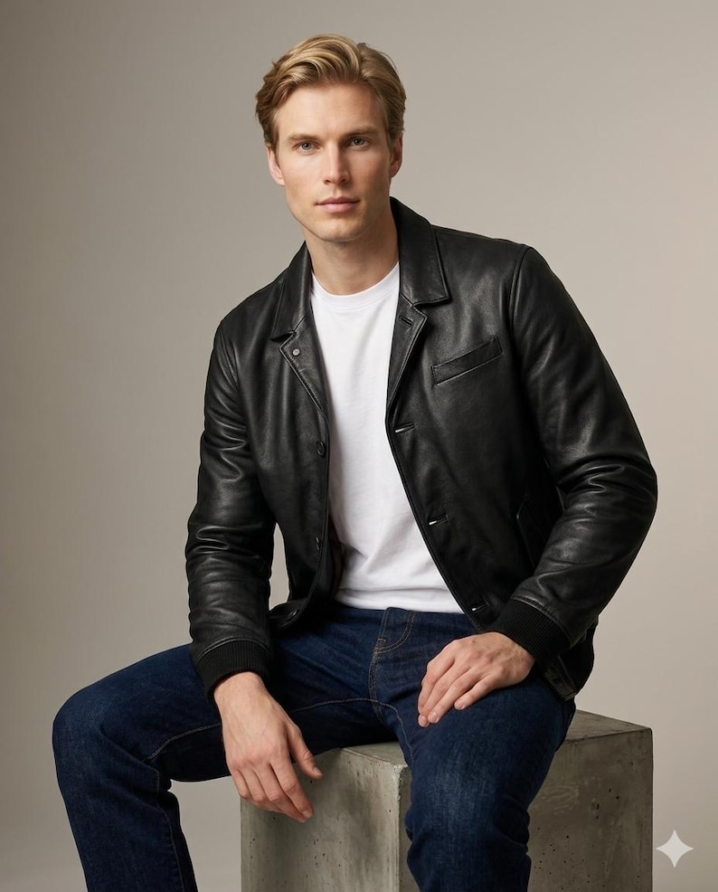 May include: A black leather jacket with a collared neckline, long sleeves with ribbed cuffs, and a button-front closure, worn over a plain white t-shirt and dark blue denim jeans. The jacket features a smooth texture and a structured fit.