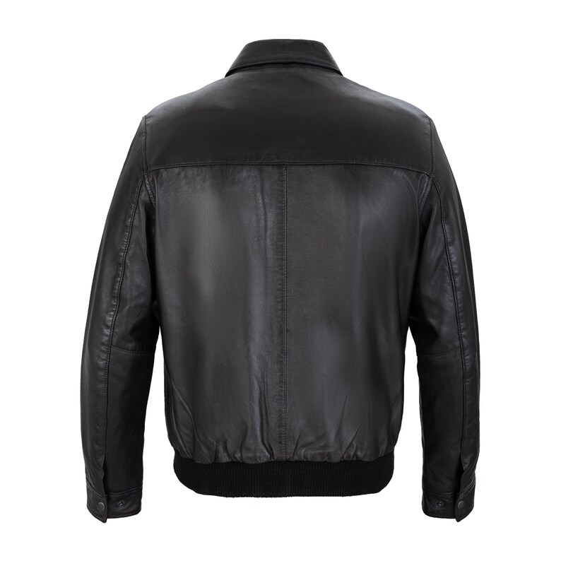 May include: A black leather jacket featuring a classic collar, long sleeves with buttoned cuffs, and a ribbed knit hem. The back panel is constructed with a horizontal seam across the upper shoulders and a vertical seam running down the center.