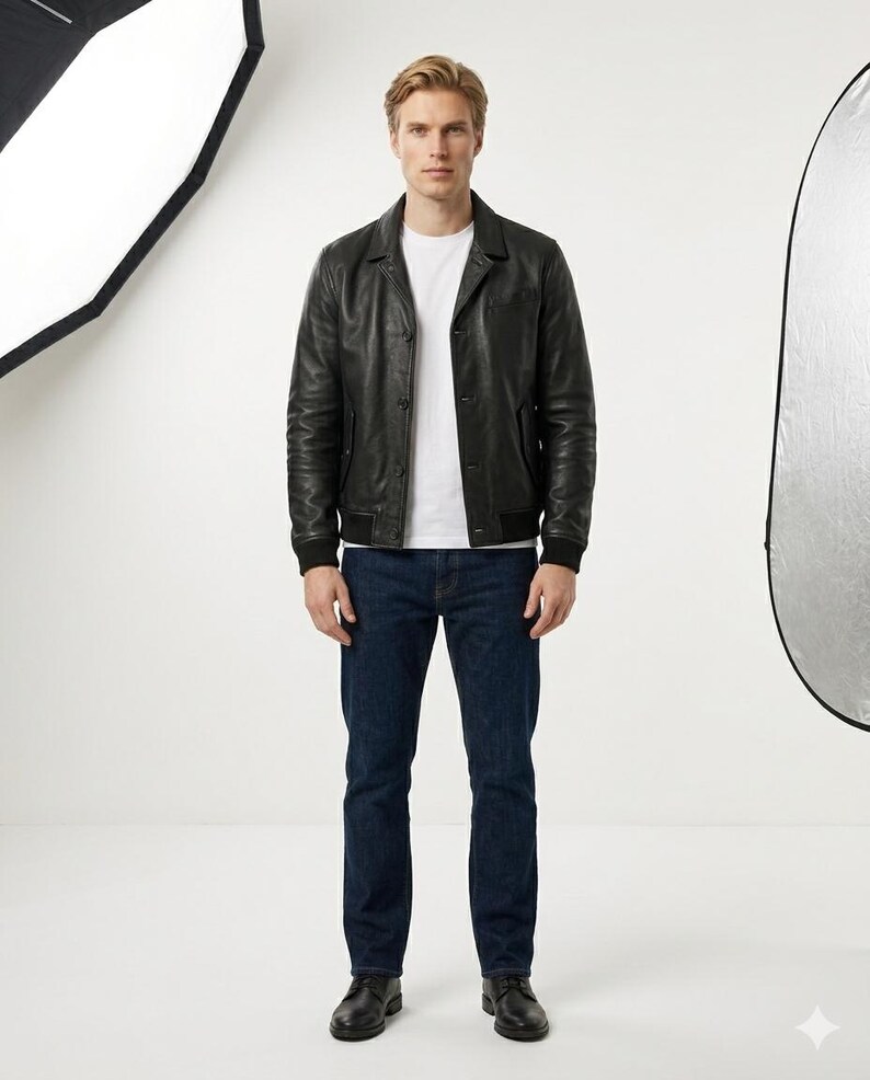 Cambridge Button Front Full Grain Black Sheepskin Mens Leather jacket image 6