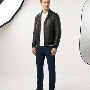 Cambridge Button Front Full Grain Black Sheepskin Mens Leather jacket image 5