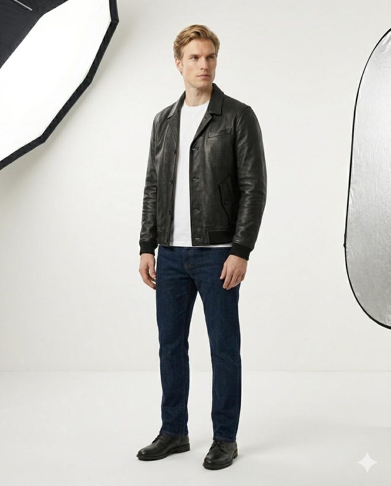 Cambridge Button Front Full Grain Black Sheepskin Mens Leather jacket image 5