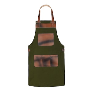 Olive Green Canvas & Brown Leather Apron: BBQ, Grill, Woodwork