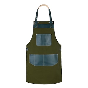 Olive Green Canvas & Leather Apron: BBQ, Grill, Woodwork
