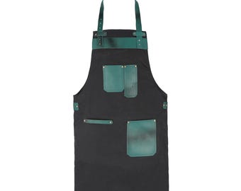 Black Canvas Apron with Green Leather Pockets, BBQ Workwear