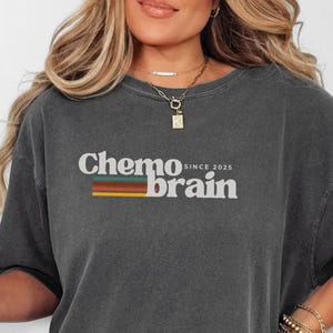 May include: A charcoal grey short-sleeve t-shirt featuring the white text Chemo brain and the smaller text SINCE 2025. Below the word Chemo are four horizontal stripes in teal, orange, brown, and yellow. The shirt has a crew neckline.