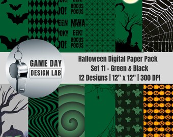 Halloween Digital Paper: Green & Black Spooky Designs (PNGs)