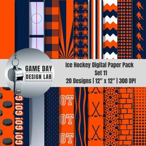 Op de afbeelding: Een digitaal papierpakket met diverse ontwerpen in oranje en marineblauw, waaronder hockeypucks, sterren en hockeysticks. Het pakket bevat 20 ontwerpen, elk 30.5 cm x 30.5 cm bij 300 DPI. De woorden "GO! GO! GO!" zijn zichtbaar.