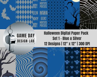 Halloween Digital Paper: Blue & Silver Spooky Designs (PNGs)