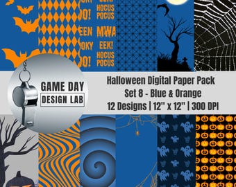 Halloween Digital Paper: Blue & Orange Spooky Designs (PNGs)