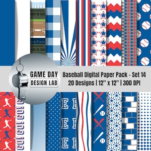 Puede incluir: Un conjunto de diseños de papel digital con temática de béisbol en rojo, blanco y azul. El paquete incluye 20 diseños, cada uno de 30,48 cm x 30,48 cm, con una resolución de 300 DPI. Los diseños presentan pelotas de béisbol, estrellas, rayas y otros patrones deportivos.