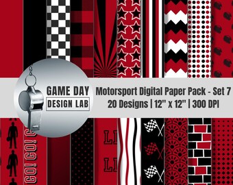 Digitaal papierpakket met F1-thema: rode en zwarte autosport-plakboekachtergronden (12 x 12" png-bestanden)
