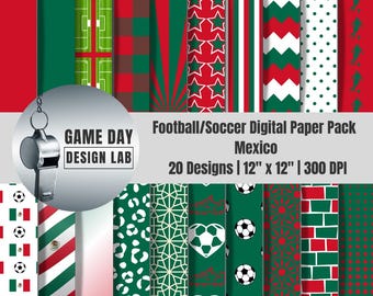 Mexico Football Digital Paper Pack | 20 Designs, 12x12 Scrapbook Paper, Instant Download PNG