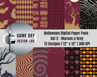 Halloween Digital Paper: Maroon & Grey Spooky Designs (PNGs)