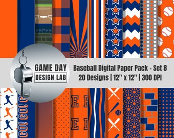 New York, Houston or Detroit Baseball Digital Paper: Orange & Blue Sports Scrapbook (12x12" PNGs, Instant Download)