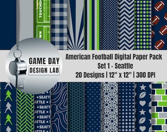 Seattle Football Digital Paper Pack | Navy Green Sports Scrapbook Paper