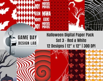 Halloween Digital Paper: Red & White Spooky Designs (PNGs)