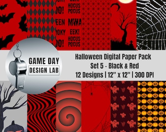 Halloween Digital Paper: Black & Red Spooky Designs (PNGs)