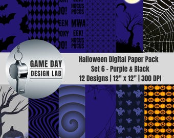 Halloween Digital Paper: Purple & Black Spooky Designs (PNGs)