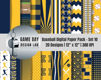 Milwaukee Baseball Digital Paper: Blue & Yellow Scrapbook Backgrounds (12x12" PNG Instant Download)