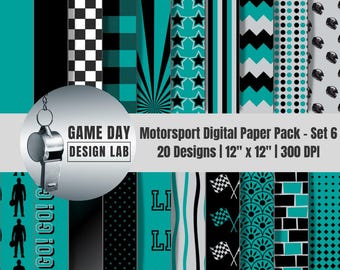 Digitaal papierpakket met F1-thema: blauwgroen en zwart motorsport-plakboekachtergronden (PNG's: 12 x 12")