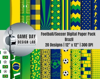 Brazil Football Digital Paper Pack | 20 Designs, 12x12 Scrapbook Paper, Instant Download PNG