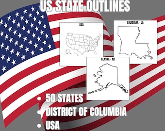 US State Outline Printable Pack: 50 States, DC, USA Map (Digital Download)