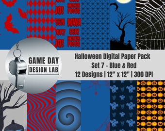Halloween Digital Paper: Blue & Red Spooky Designs (PNGs)