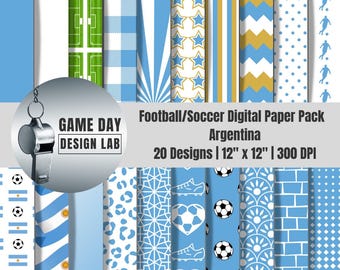 Argentina Football Digital Paper Pack | 20 Designs, 12x12 Scrapbook Paper, Instant Download PNG