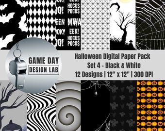 Halloween Digital Paper: Black & White Spooky Designs (PNGs)