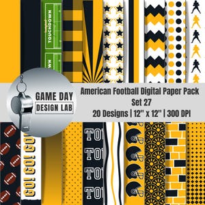May include: A digital paper pack with 20 designs, each 12" x 12", featuring American football themes. Designs include footballs, helmets, stars, and geometric patterns in yellow, black, and white. The pack is labeled "Game Day Design Lab."