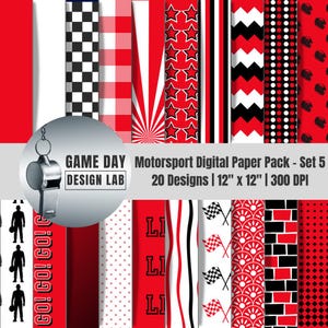 May include: A digital paper pack with 20 designs, each 12 x 12 inches. The pack features red, white, and black patterns, including stars, stripes, checkered, and geometric designs. The words "GAME DAY" and "Motorsport" are visible.