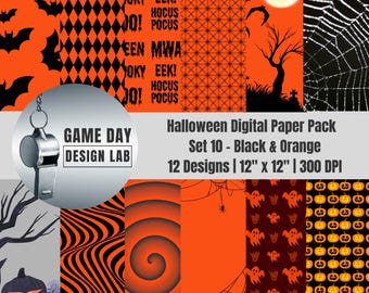 Halloween Digital Paper: Black & Orange Spooky Designs (PNGs)