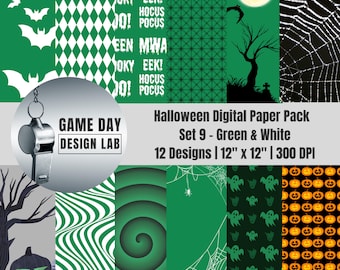 Halloween Digital Paper: Green & White Spooky Designs (PNGs)